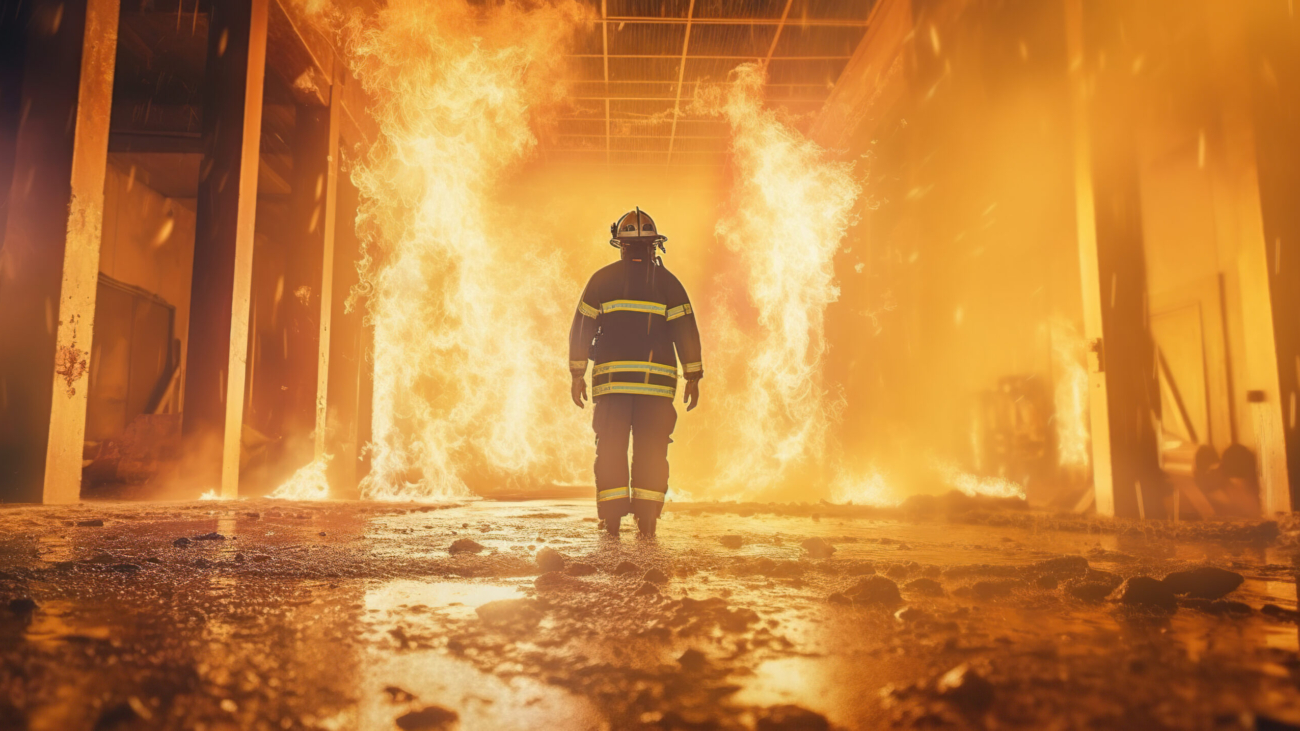 Firefighter works in burning building, fireman on flame background, Generative AI