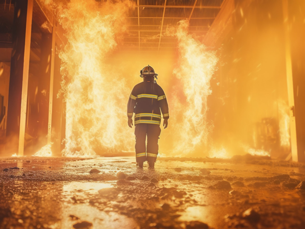 Firefighter works in burning building, fireman on flame background, Generative AI